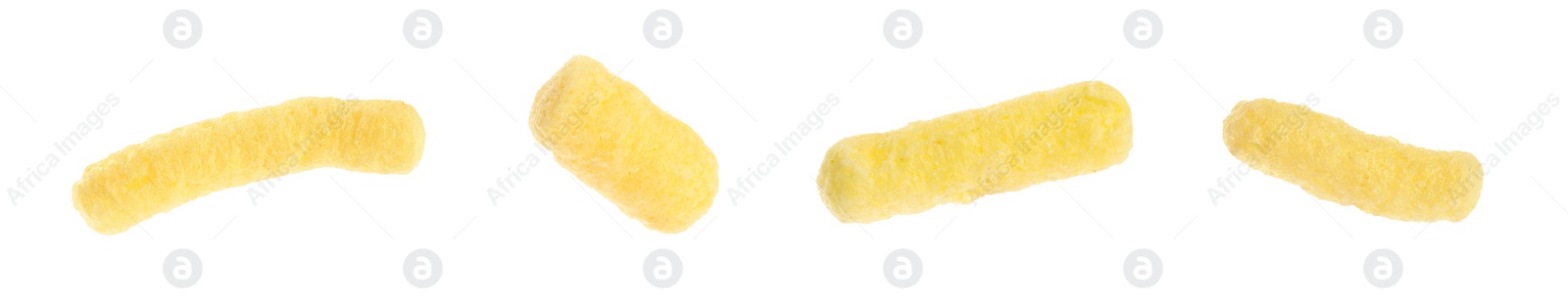 Image of Collage with tasty corn sticks on white background