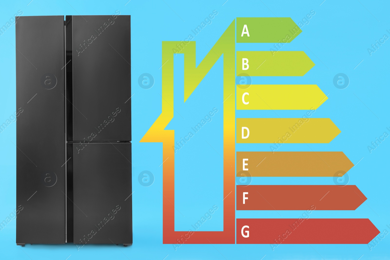 Image of Energy efficiency rating label and refrigerator on light blue background