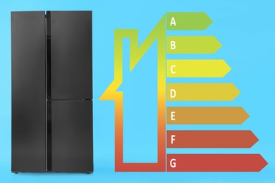 Energy efficiency rating label and refrigerator on light blue background