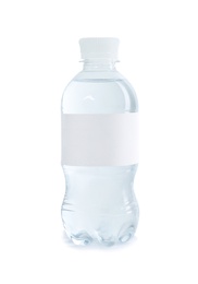 Plastic bottle of pure water with blank tag on white background