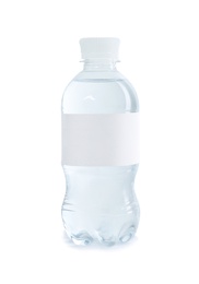 Photo of Plastic bottle of pure water with blank tag on white background