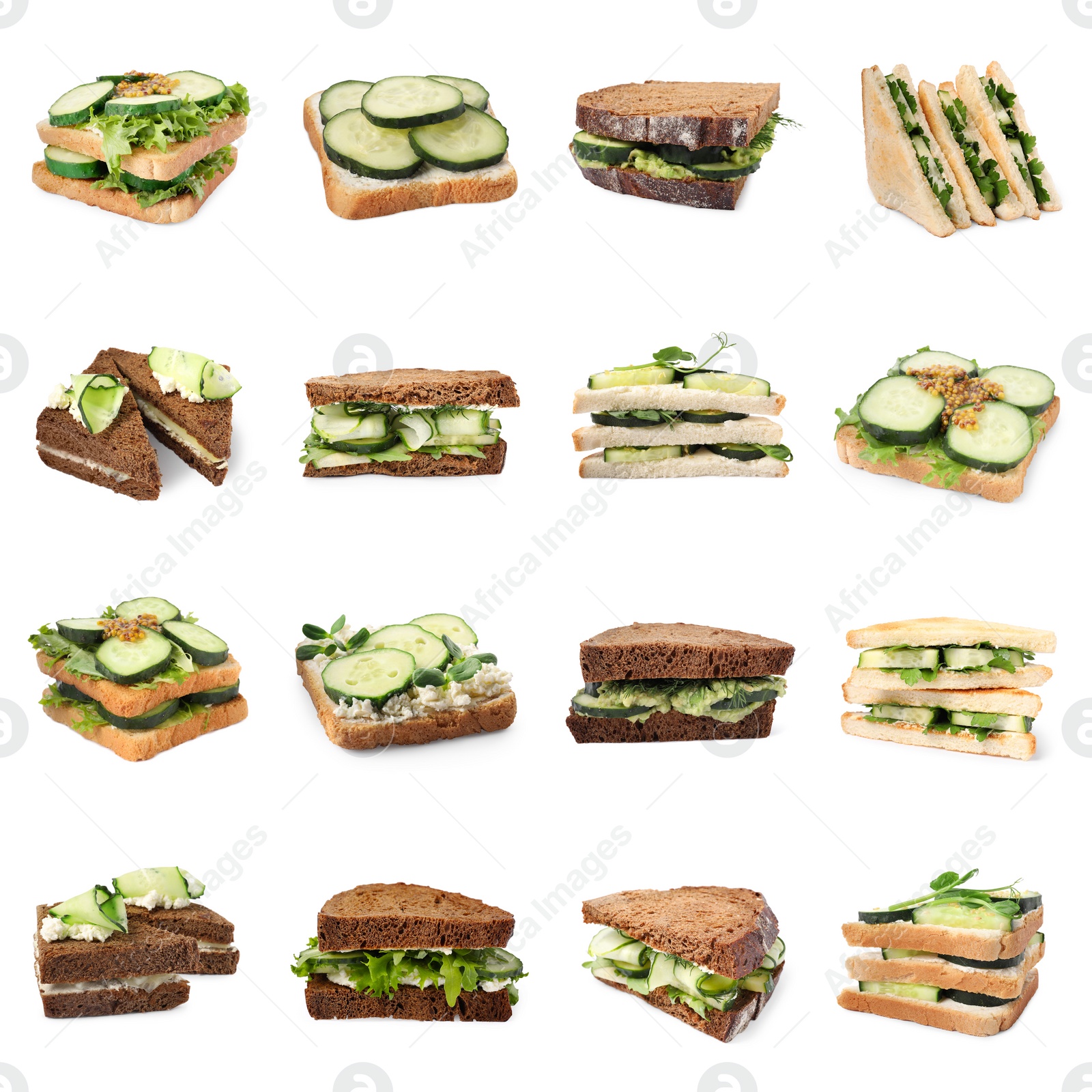 Image of Collage with tasty cucumber sandwiches on white background