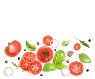 Image of Fresh ripe tomatoes with garlic, onion, basil, arugula and peppercorns on white background, top view