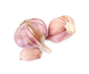 Photo of Heads and clove of fresh garlic isolated on white, top view