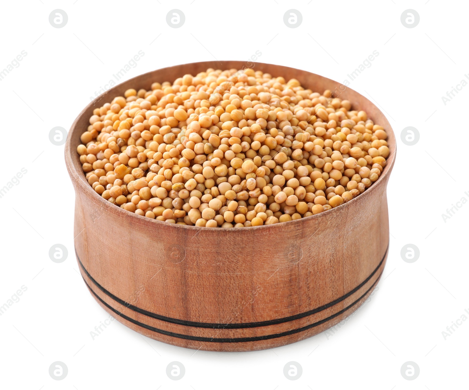 Photo of Mustard seeds in wooden bowl isolated on white