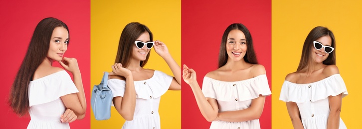 Collage with photos of young women wearing different dresses on bright backgrounds