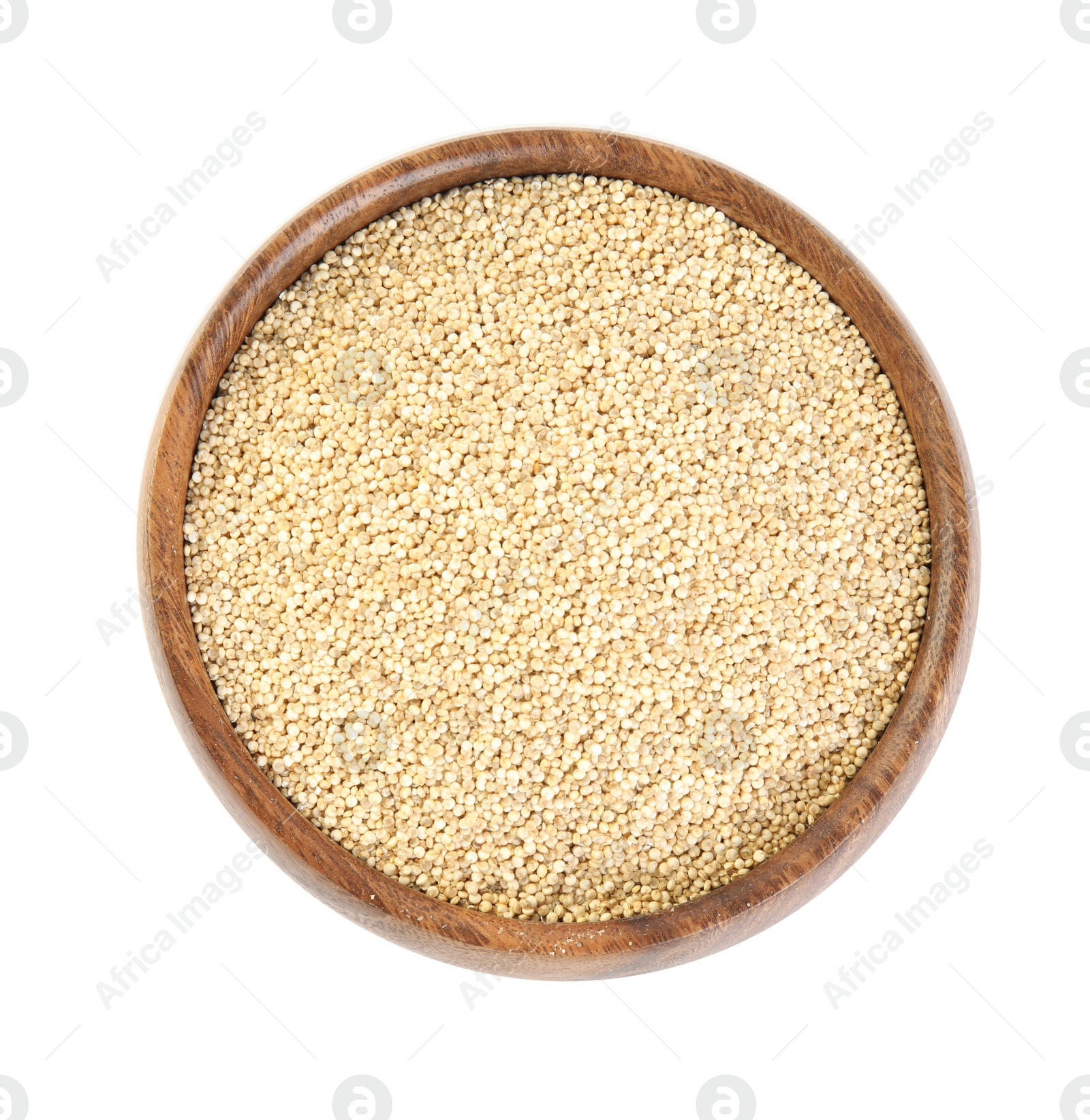 Photo of Wooden bowl with raw quinoa isolated on white, top view
