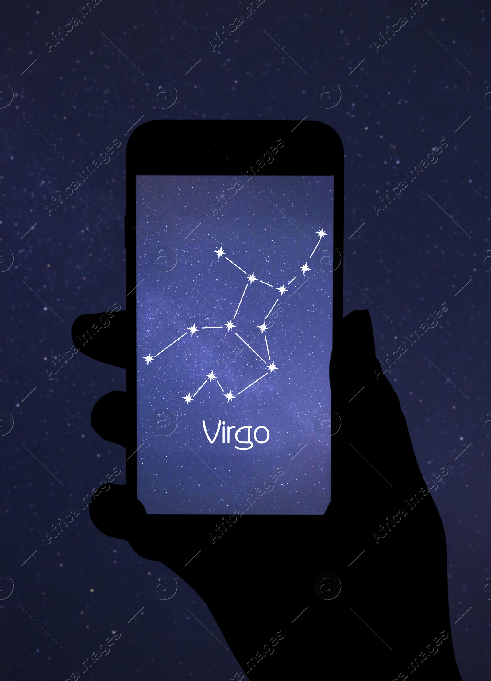 Image of Woman using stargazing app on her phone at night, closeup. Identified stick figure pattern of Virgo constellation on device screen
