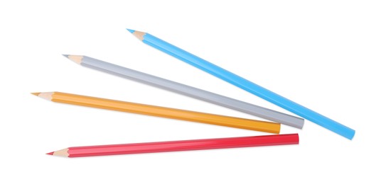 Photo of Colorful wooden pencils on white background, top view