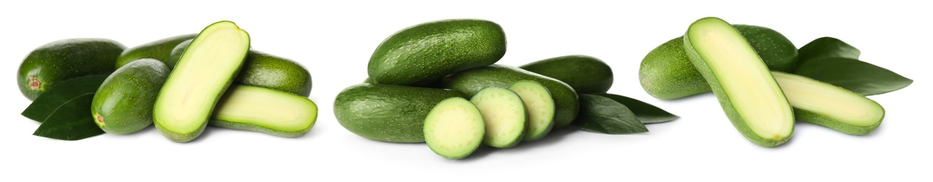 Image of Set with fresh seedless avocados on white background. Banner design
