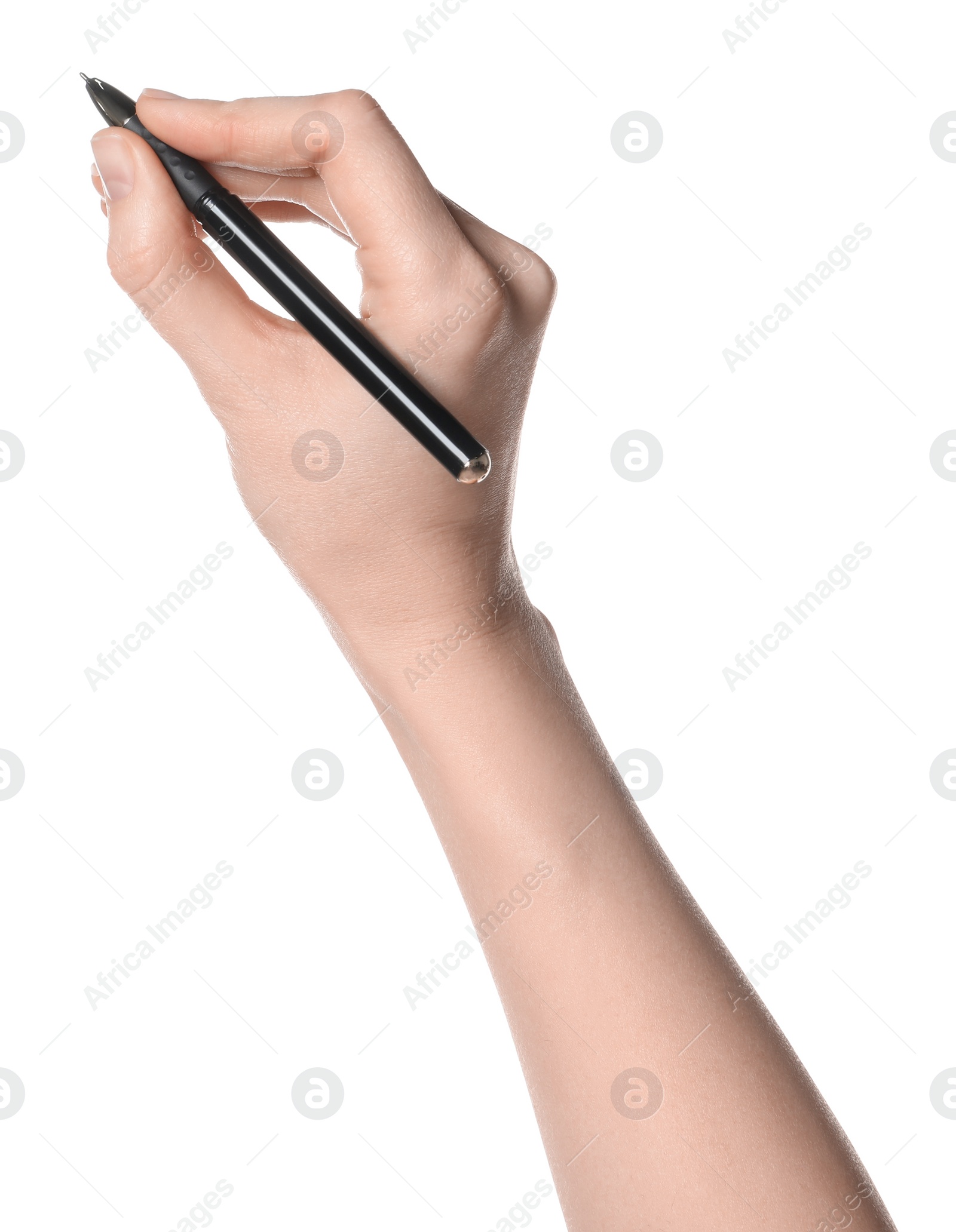 Photo of Woman holding pen on white background, closeup of hand