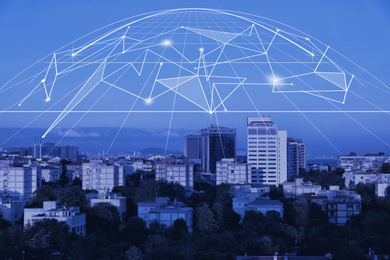 Image of Beautiful cityscape and network connection lines. Cloud technology