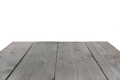 Photo of Empty grey wooden surface on white background. Space for text