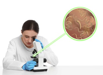 Image of Laboratory worker using microscope to examine helminths on white background. Zoomed view on parasitic worms