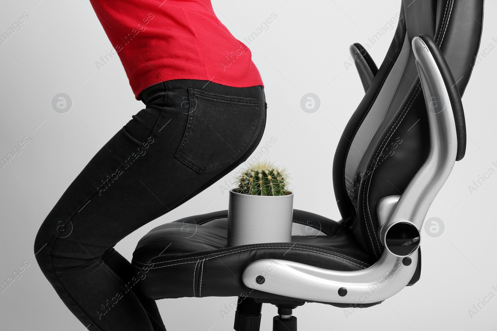 Photo of Woman sitting down into armchair with cactus on white background, closeup. Hemorrhoids concept