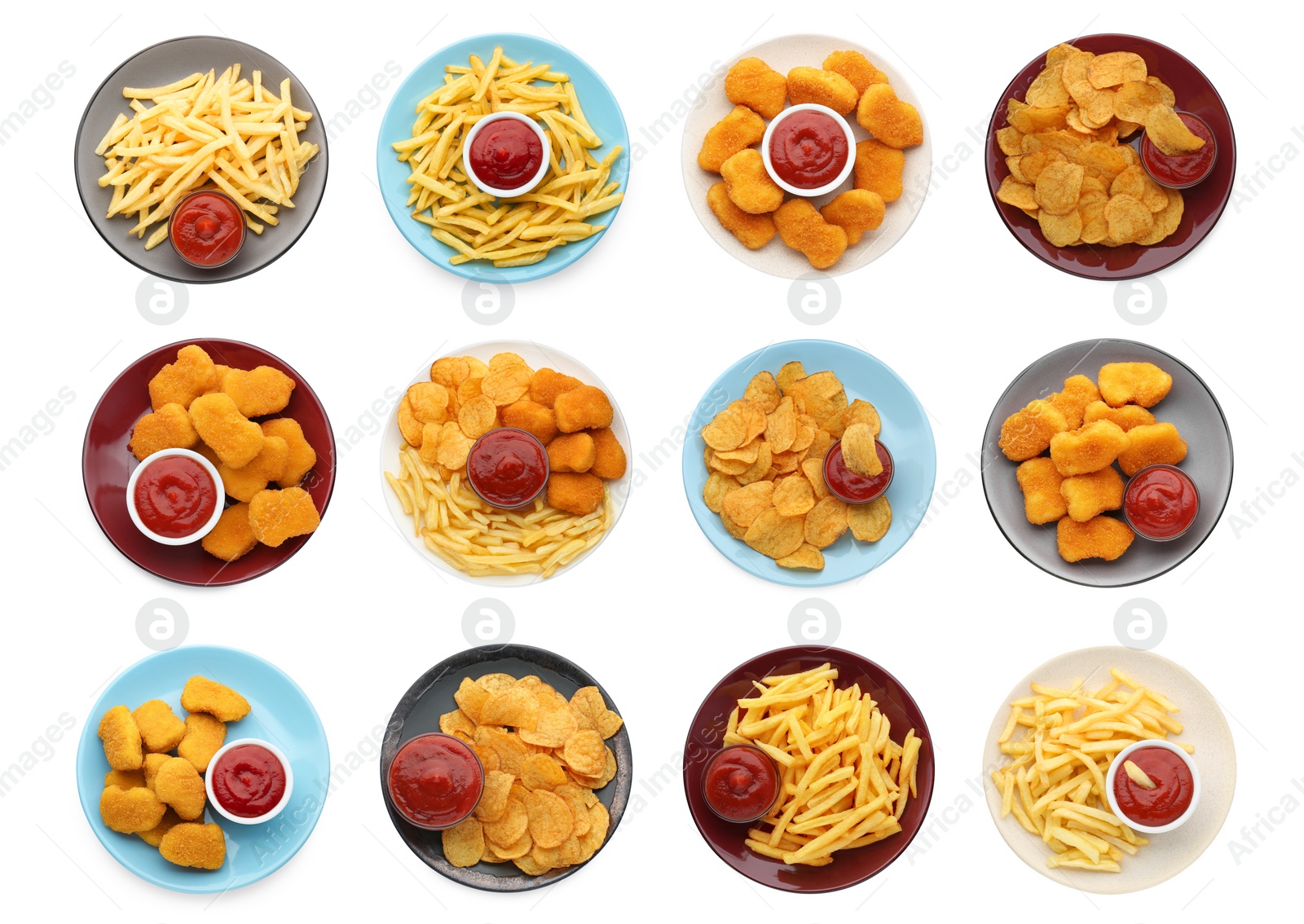 Image of Set of different snacks served with ketchup on white background, top view