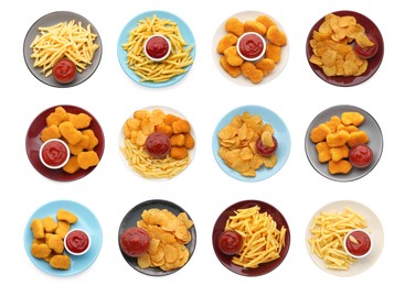 Image of Set of different snacks served with ketchup on white background, top view