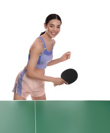 Photo of Beautiful young woman playing ping pong on white background