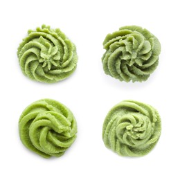 Image of Set with spicy wasabi paste on white background, top view