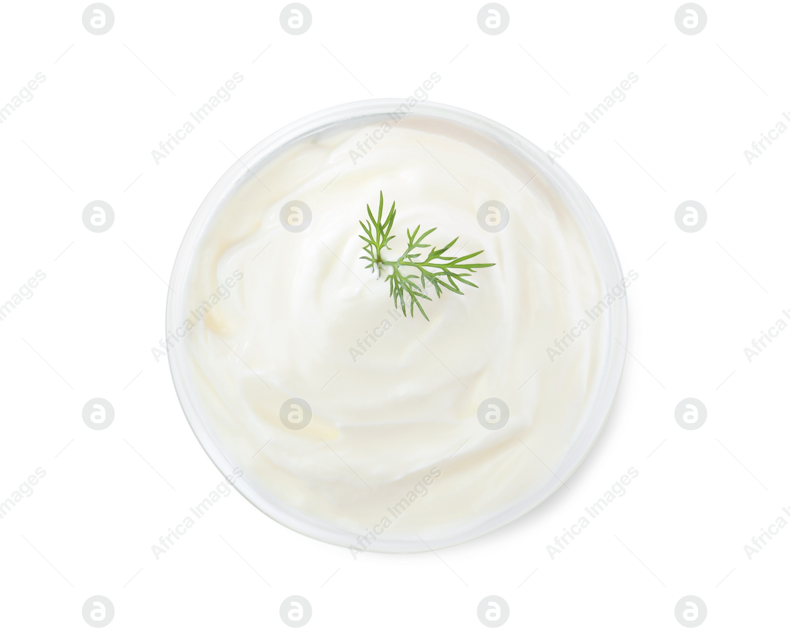 Photo of Delicious sour cream with dill in bowl on white background, top view