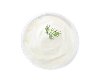 Photo of Delicious sour cream with dill in bowl on white background, top view