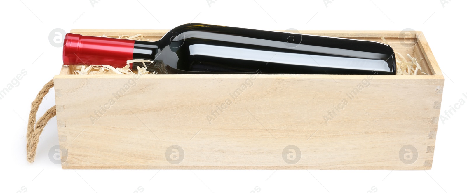 Photo of Open wooden crate with bottle of wine isolated on white