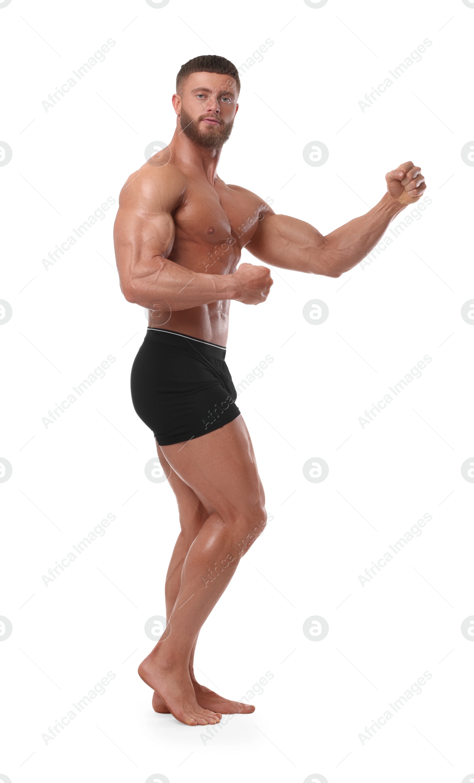 Photo of Young bodybuilder with muscular body on white background