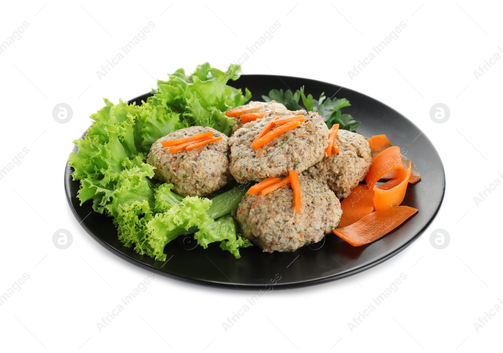 Photo of Plate of traditional Passover (Pesach) gefilte fish isolated on white