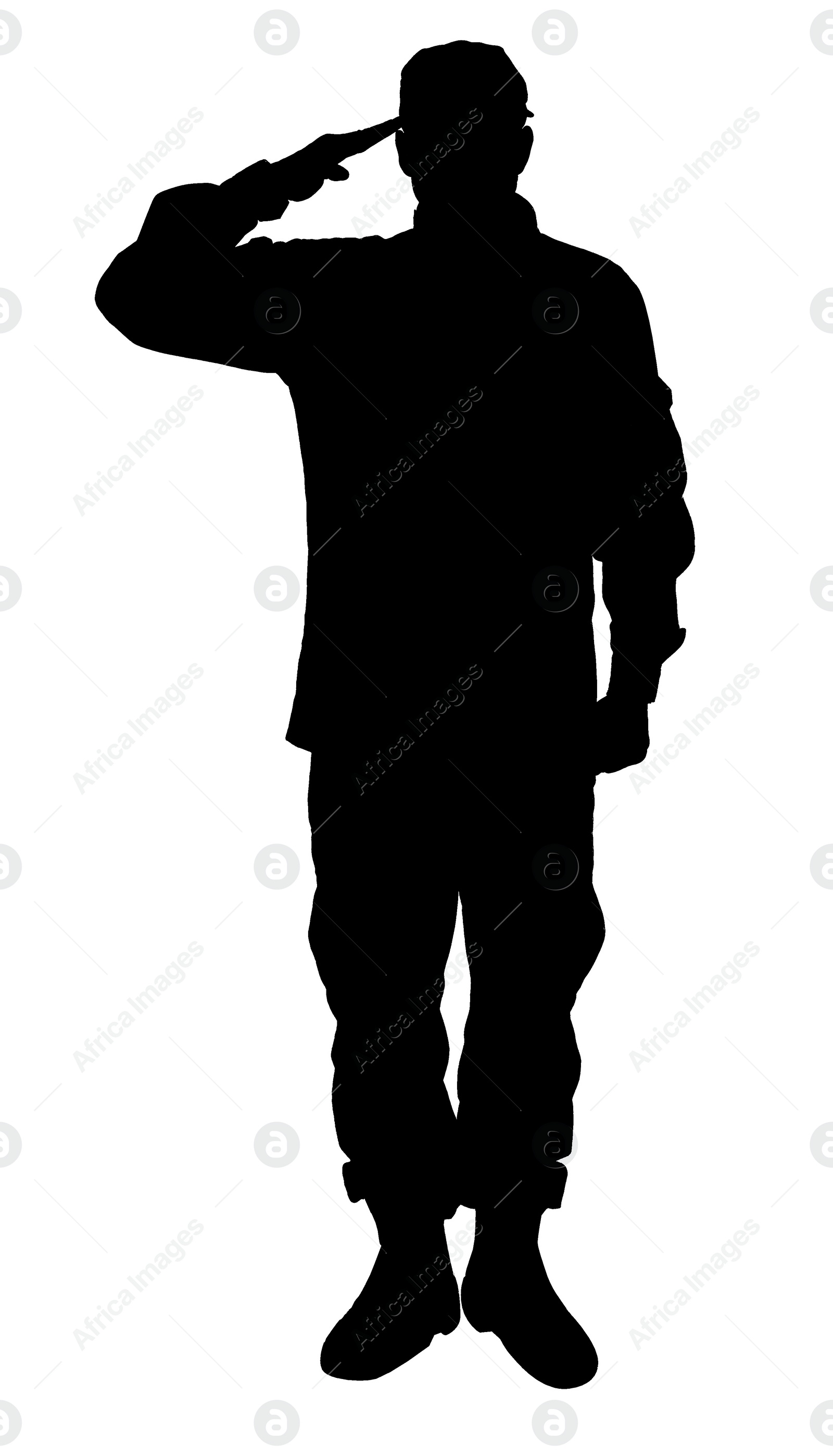 Image of Silhouette of soldier in uniform on white background. Military service