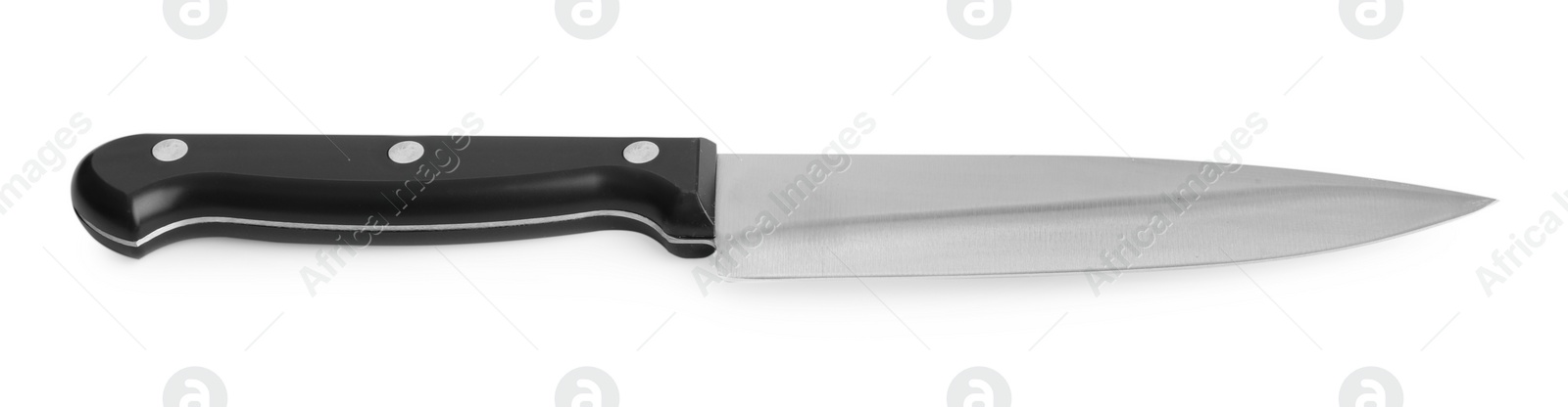 Photo of One sharp knife with black handle isolated on white