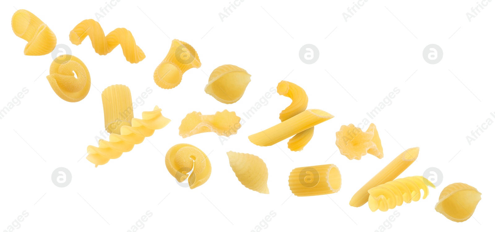 Image of Different types of pasta flying on white background