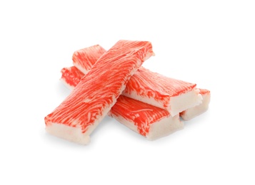 Delicious fresh crab sticks isolated on white