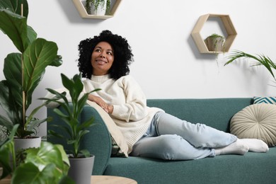 Relaxing atmosphere. Happy woman on sofa near beautiful houseplants at home