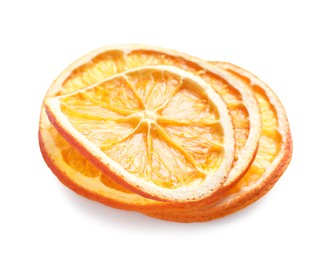 Photo of Delicious dry orange slices on white background