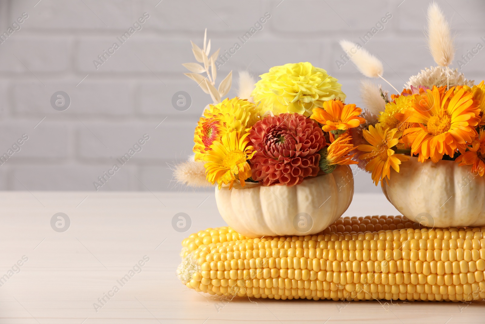 Photo of Composition of small pumpkins with beautiful flowers and corn cobs on light wooden table against white brick wall, closeup. Space for text