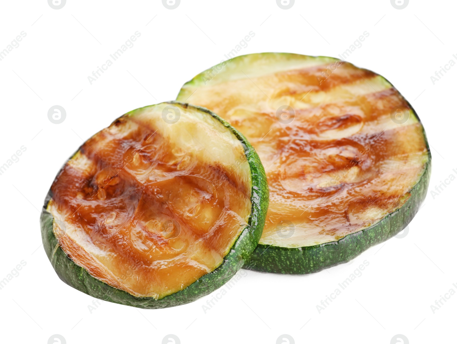 Photo of Delicious grilled zucchini slices on white background