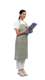 Young woman in light green apron with clipboard on white background