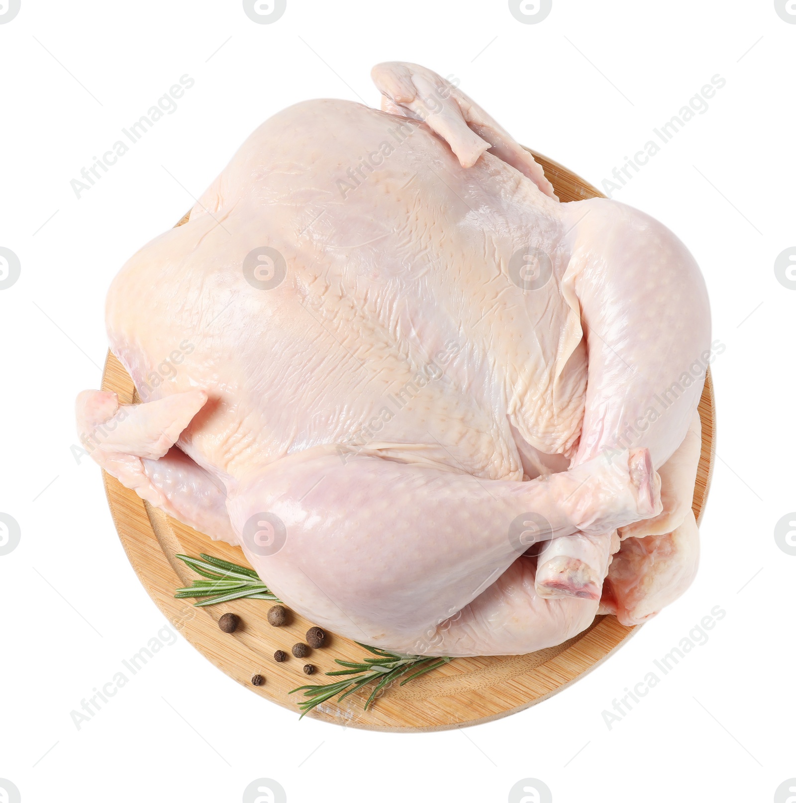 Photo of Fresh raw chicken with spices isolated on white, top view