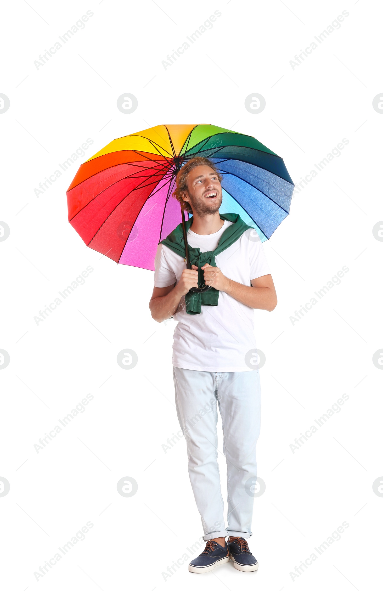 Photo of Man with rainbow umbrella on white background