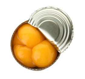 Photo of Tin can with conserved peaches on white background, top view