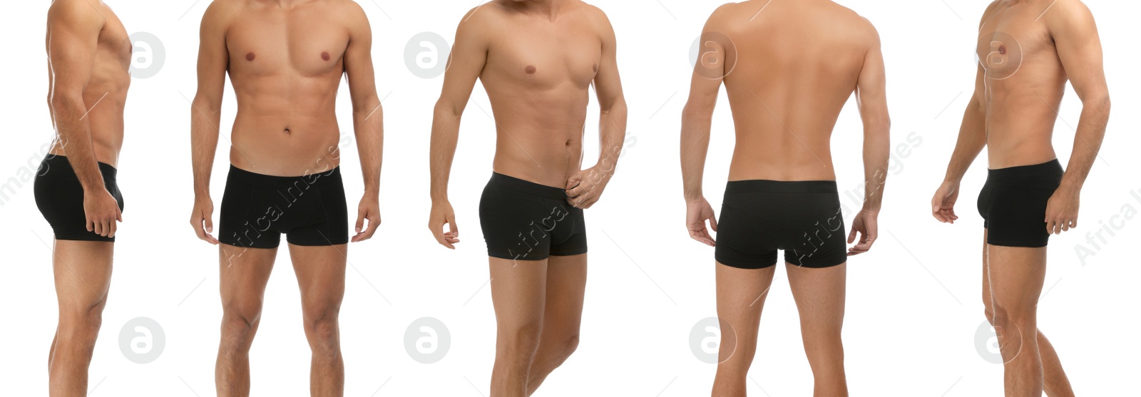 Image of Collage with photos of man wearing underwear on white background, closeup. Banner design