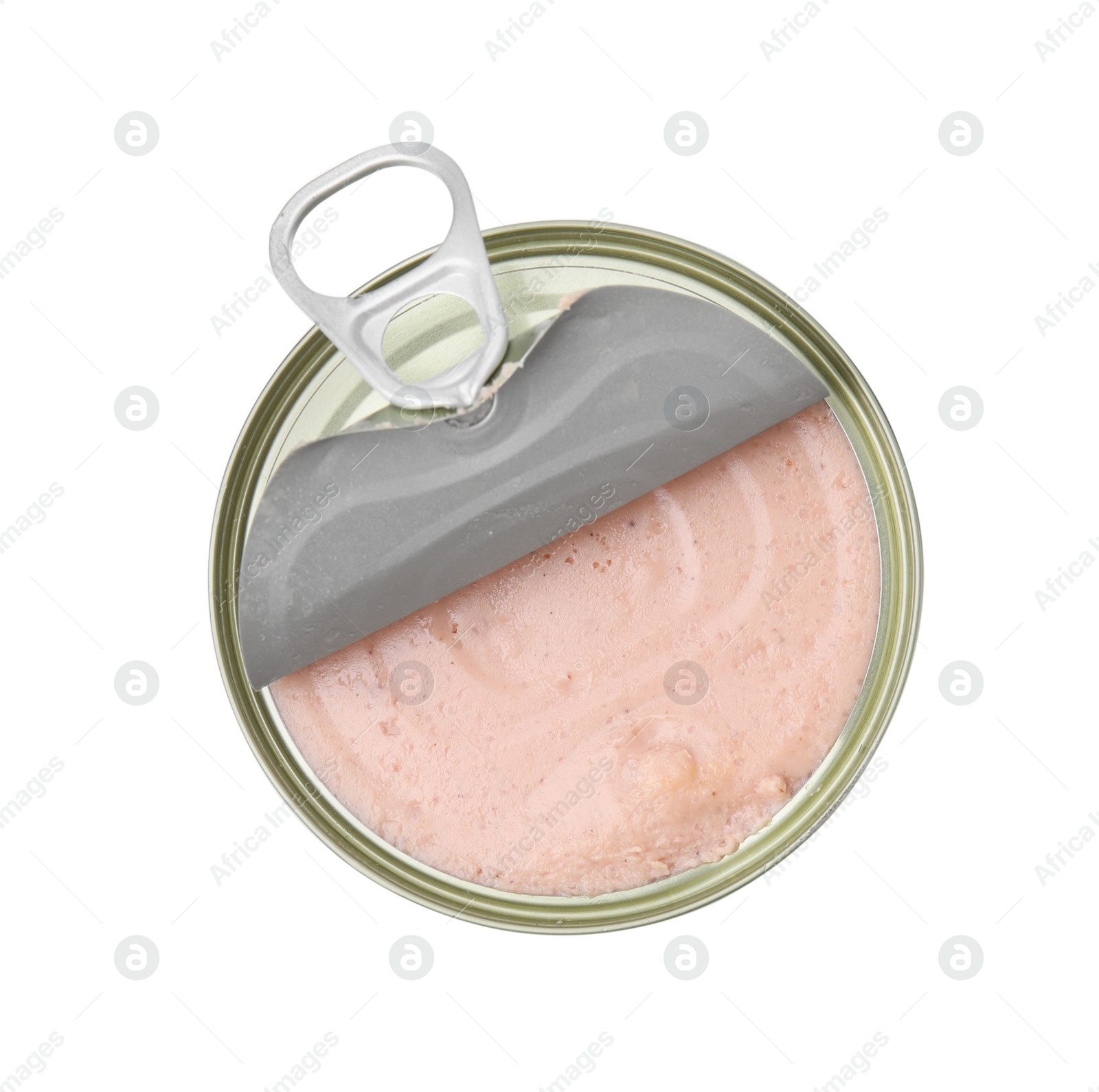 Photo of Open tin can of turkey pate isolated on white, top view