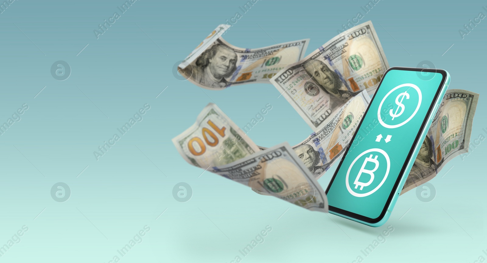 Image of Online money exchange. Arrows between dollar and bitcoin currency signs on mobile phone screen and cash flying near, banner design. Light blue background