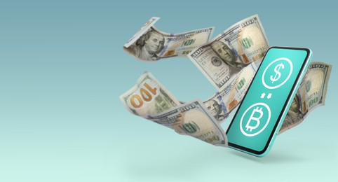 Image of Online money exchange. Arrows between dollar and bitcoin currency signs on mobile phone screen and cash flying near, banner design. Light blue background
