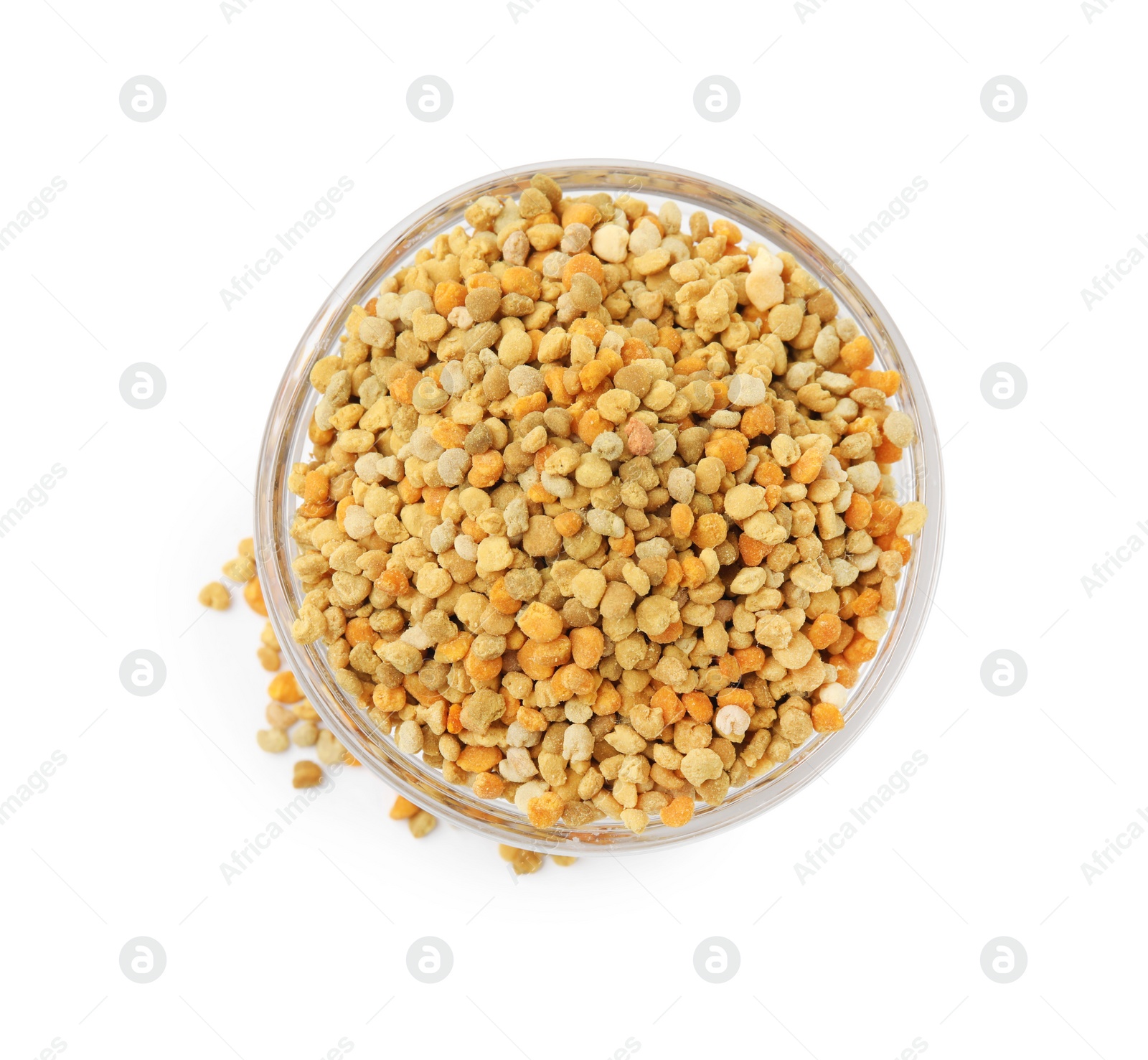 Photo of Fresh bee pollen granules in bowl isolated on white, top view