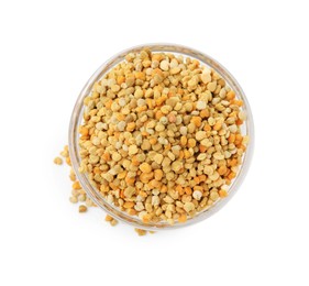 Fresh bee pollen granules in bowl isolated on white, top view