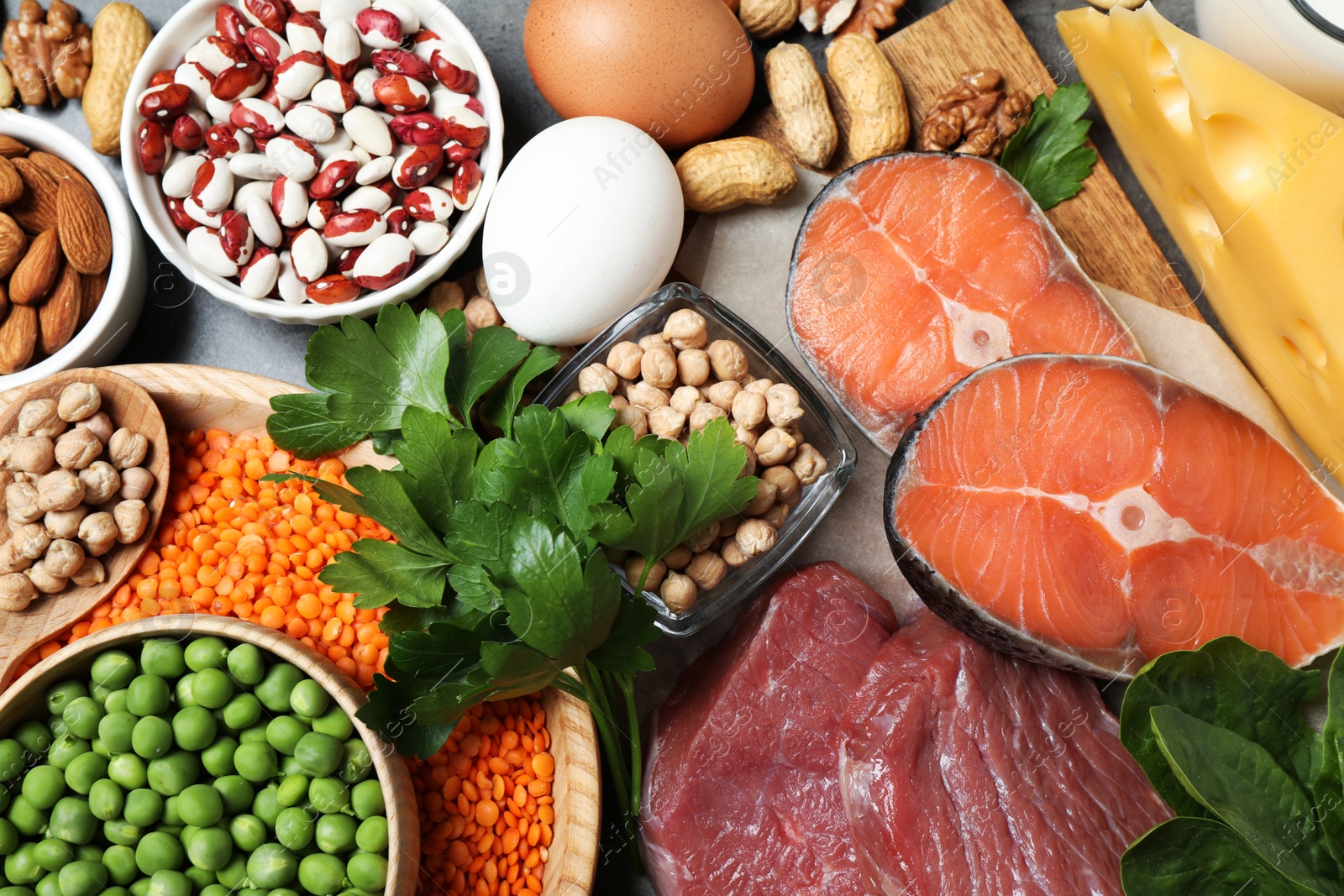 Photo of Products rich in protein on table, flat lay