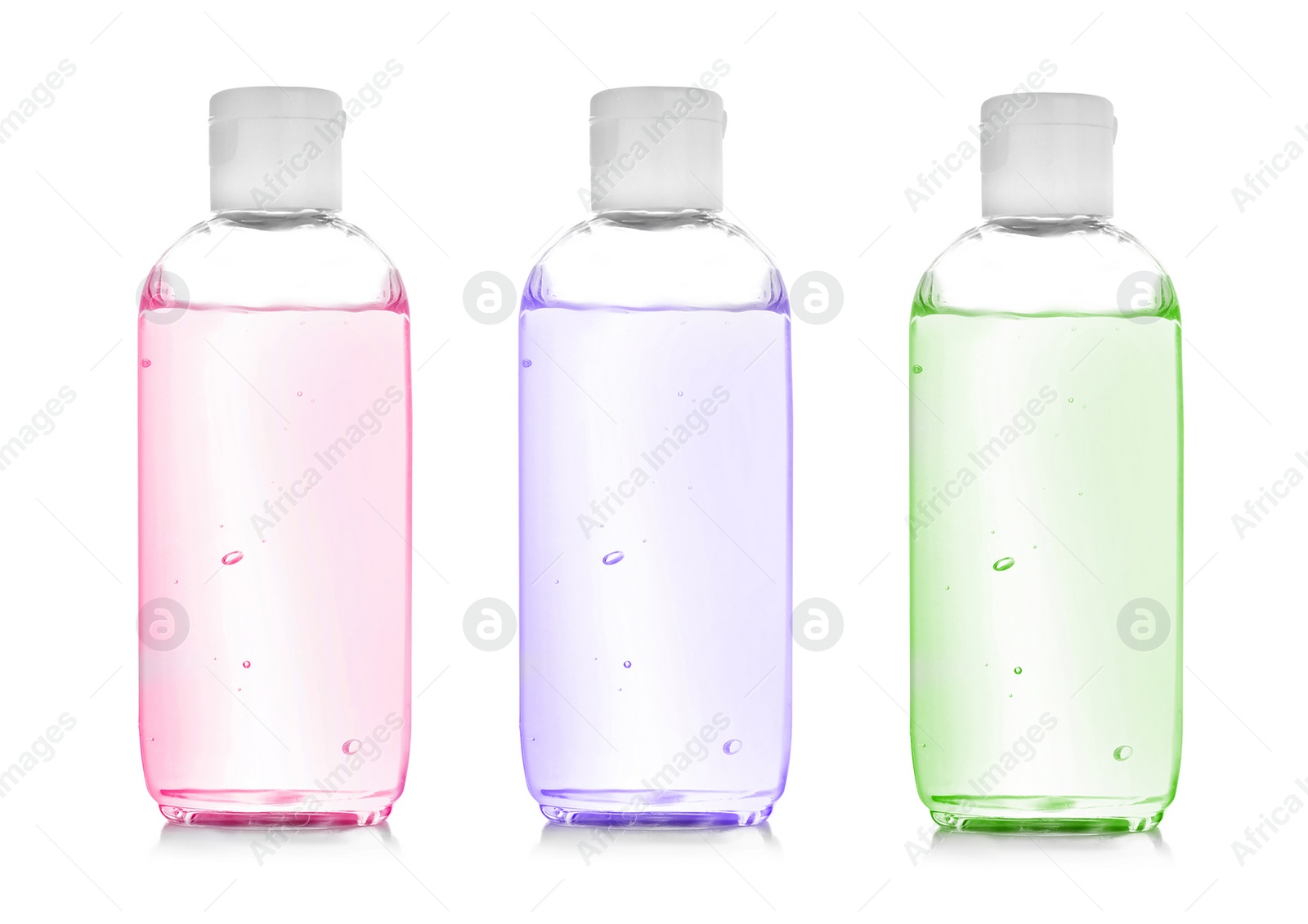 Image of Set of different antibacterial hand gels on white background