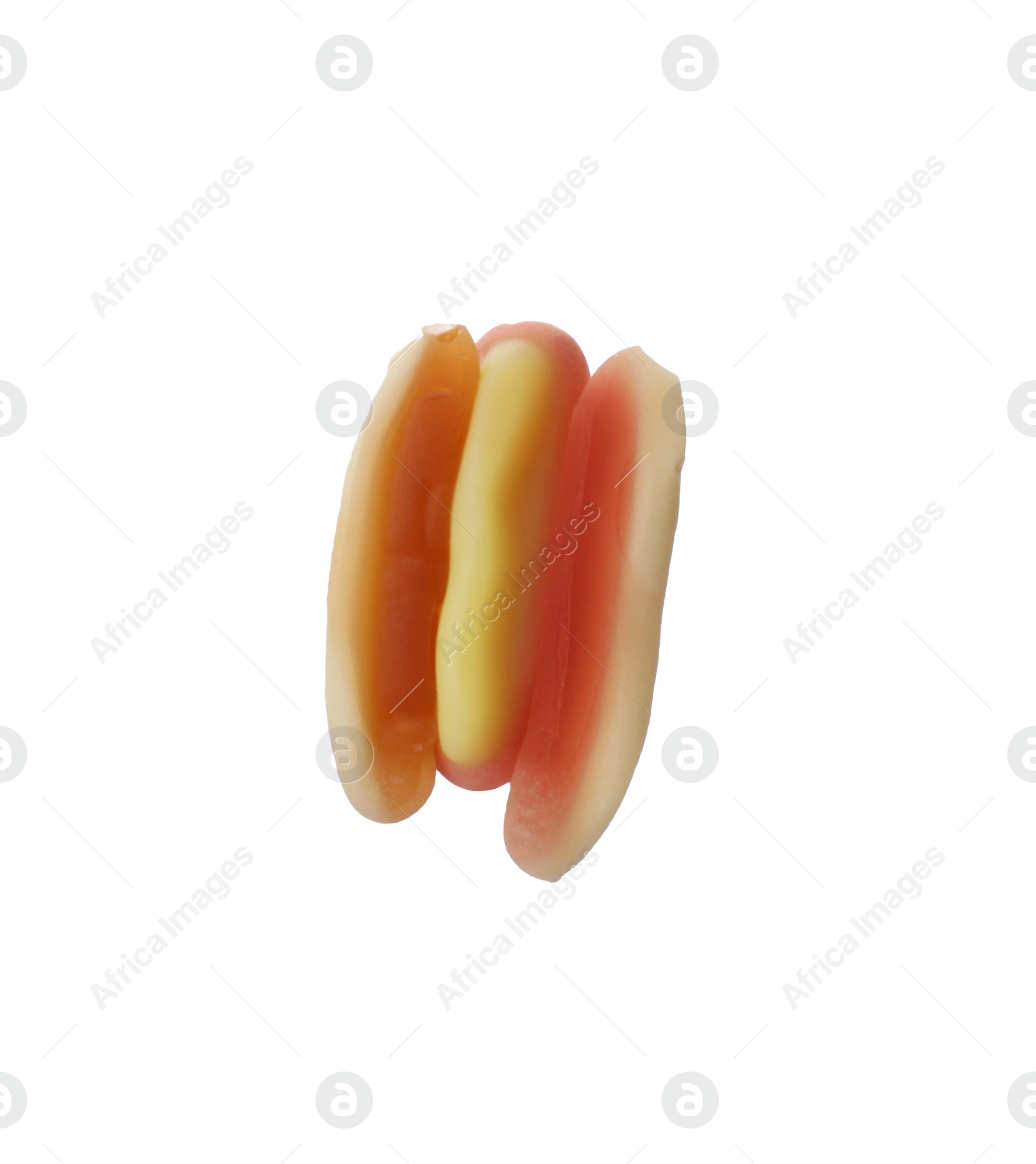 Photo of Tasty jelly candy in shape of hot dog isolated on white