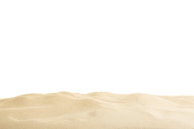 Photo of Beach sand on white background. Mockup for design